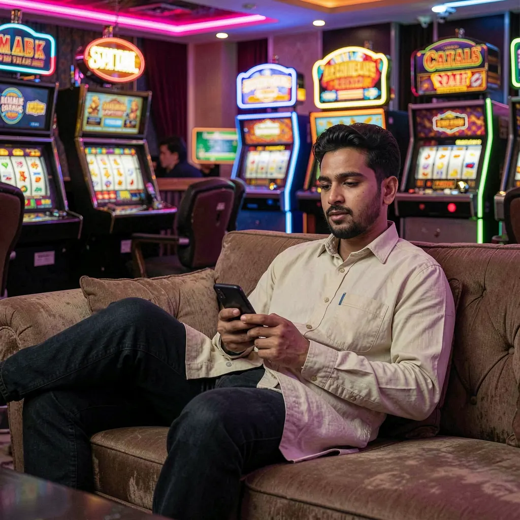 Confident Bangladeshi man relaxing on a sofa while using the 9B999 casino app with glowing slot machines and neon lights behind him