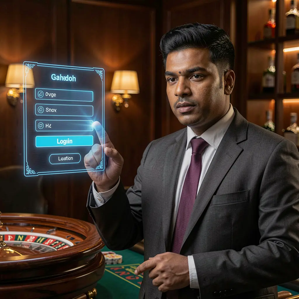 Confident casino dealer interacting with a glowing holographic login panel above a roulette table highlighting 9B999 access for Bangladesh